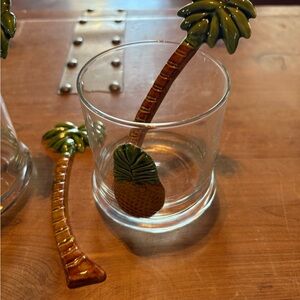 Palm Tree Glass and Stirrer Set/pineapple -Rocks clear liquor glass 2 total